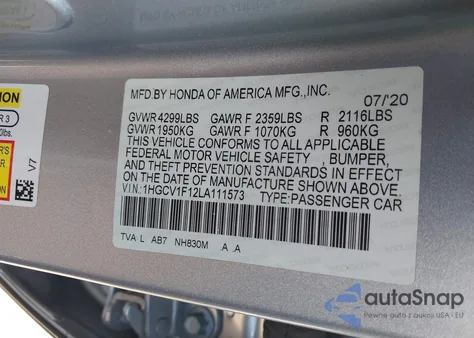 2020 Honda Accord Lx z USA, uszkodzony, nr VIN 1HGCV1F12LA111573